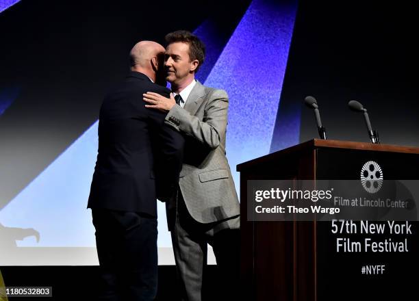 Bruce Willis and Edward Norton speak onstage at the "Motherless Brooklyn" during the 57th New York Film Festival on October 11, 2019 in New York City.