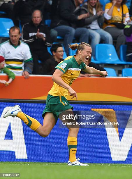 Emily Van Egmond of Australia celebrates her goal during the FIFA Women's World Cup 2011 Group D match between Australia and Equatorial Guinea at the...