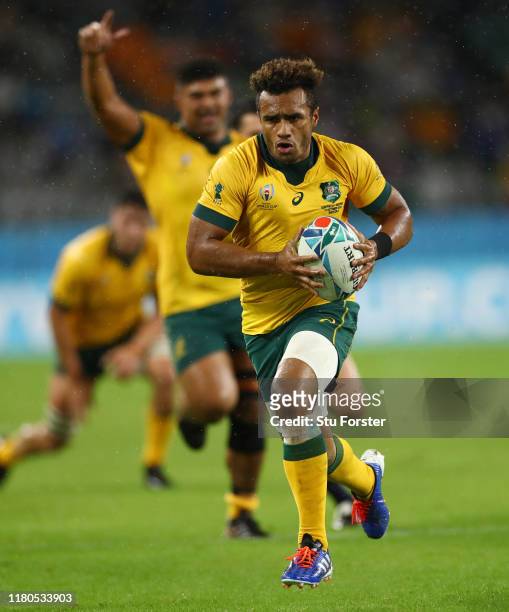 Will Genia of Wallabies runs in the last try during the Rugby World Cup 2019 Group D game between Australia and Georgia at Shizuoka Stadium Ecopa on...