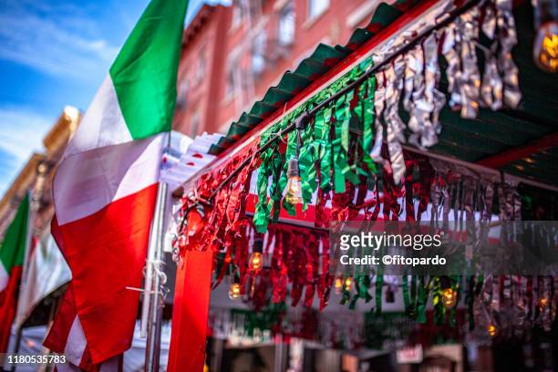 italian flag divider on restaurants in little italy - little italy stock pictures, royalty-free photos & images
