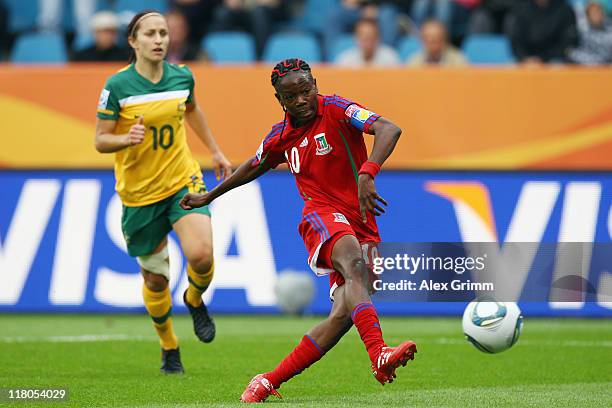 Anonman of Equatorial Guinea scores her team's second goal during the FIFA Women's World Cup 2011 Group D match between Australia and Equatorial...