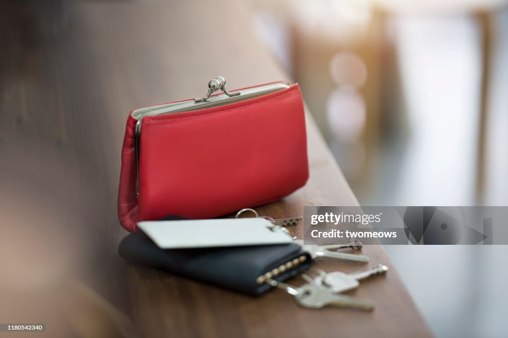 Daily objects women's purse, keys in pouch and security access cards.