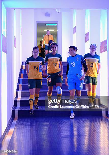 L-r Collette McCallum, Leena Khamis, Lydia William and Teigen Allen of Australia walk in the tunnel after the FIFA Women's World Cup 2011 Group D...