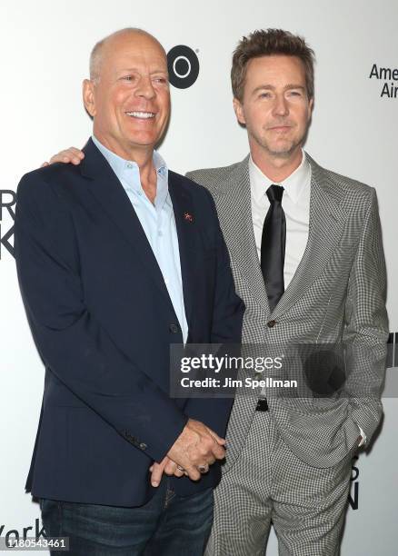 Actor Bruce Willis and director/actor Edward Norton attend the "Motherless Brooklyn" premiere during the 57th New York Film Festival on October 11,...