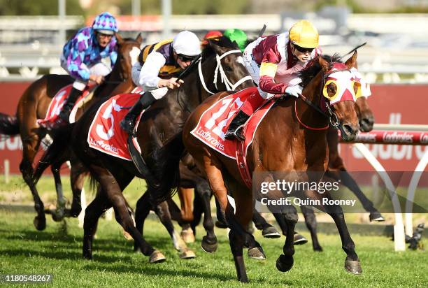 Craig Williams riding Fierce Impact wins the Toorak Handicap during Melbourne Racing Caulfield Guineas Day at Caulfield Racecourse on October 12,...