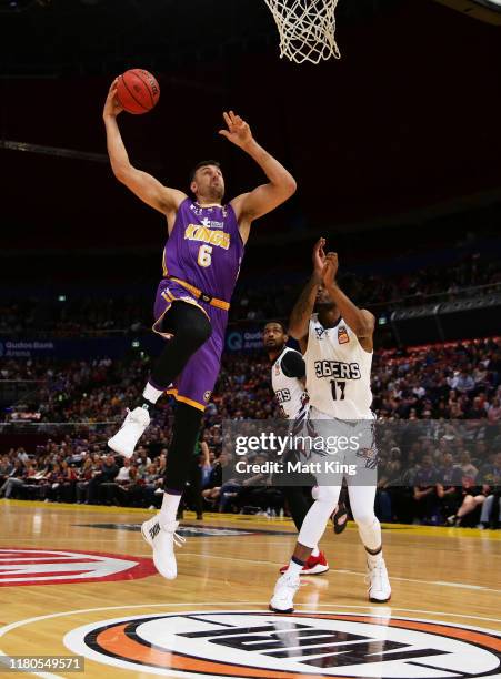 Andrew Bogut of the Kings slam dunks during the round two NBL match between the Sydney Kings and the Adelaide 36ers at Qudos Bank Arena on October...