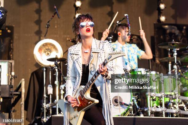Lzzy Hale and Arejay Hale of Halestorm perform at 2019 Aftershock Festival at Discovery Park on October 11, 2019 in Sacramento, California.