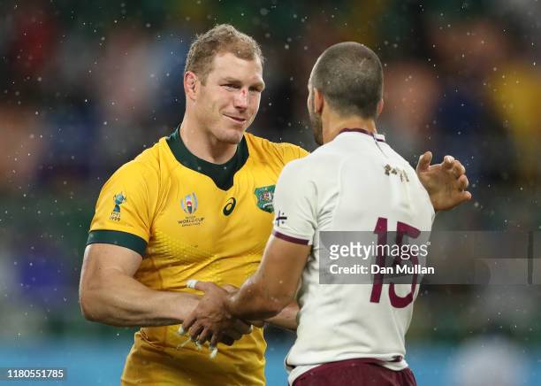 David Pocock of Australia shakes hands with Soso Matiashvili of Georgia following the Rugby World Cup 2019 Group D match between Australia and...