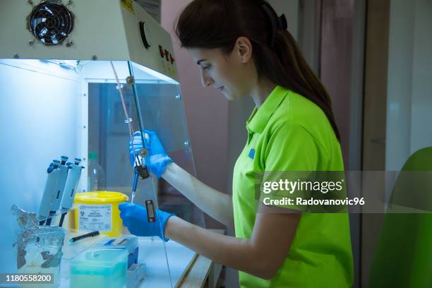 young adult female microbiologist working in laboratory - microbiologist stock pictures, royalty-free photos & images