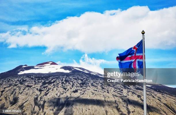 icelandic flag and snaefellsjokull glacier and volcano. - icelandic flag stock pictures, royalty-free photos & images