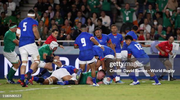 Tadhg Furlong of Ireland scores his team's second try during the Rugby World Cup 2019 Group A game between Ireland and Samoa at Fukuoka Hakatanomori...