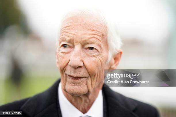 Lester Piggott poses at Newmarket Racecourse on October 12, 2019 in Newmarket, England.