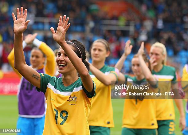 Leena Khamis of Australia celebrates after Australia defeated Equatorial Guinea at the FIFA Women's World Cup 2011 Group D match between Australia...