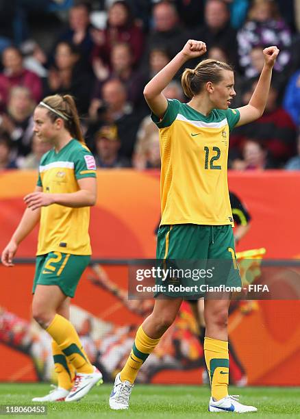 Emily Van Egmond of Australia celebrates after Australia defeated Equatorial Guinea at the FIFA Women's World Cup 2011 Group D match between...