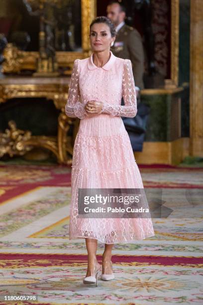 Queen Letizia of Spain attends a reception at the Royal Palace during the National Day on October 12, 2019 in Madrid, Spain.