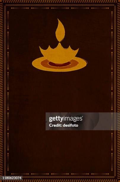 rangoli - dark brown colored grunge vertical background diwali greeting with a a diya in spotlight and a border of dots and small angled lines - diwali greetings stock illustrations