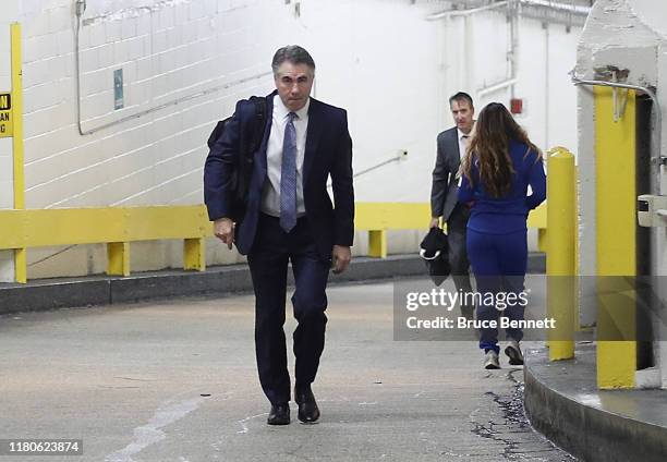 Head coach Dave Tippett of the Edmonton Oilers arrives for the game against the New York Rangers at Madison Square Garden on October 12, 2019 in New...