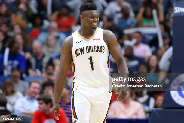 Zion Williamson of the New Orleans Pelicans reacts during a game against the Utah Jazz at the Smoothie King Center on October 11, 2019 in New...