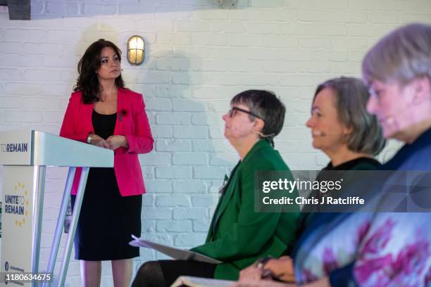 Liberal Democrats politician Heidi Allen speaks at a press conference alongside Green Party MEP Molly Scott Cato, Plaid Cymru MP Liz Saville-Roberts...