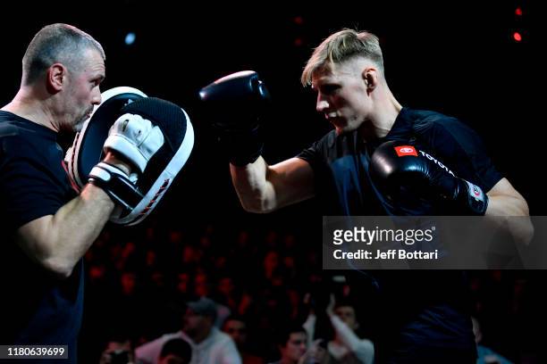 Alexander Volkov of Russia holds an open training session for fans and media during UFC Fight Night open workouts at Arbat Hall on November 6, 2019...