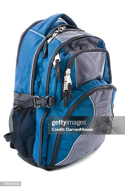 blue and gray backpack isolated on white backdrop - backpack isolated stock pictures, royalty-free photos & images