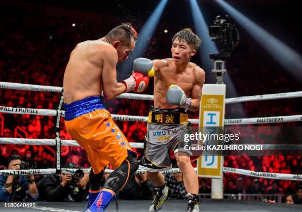 Naoya Inoue of Japan and Nonito Donaire of Philippines fight in their World Boxing Super Series bantamweight final at Saitama Super Arena in Saitama...
