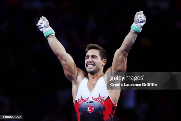 Ibrahim Colak of Turkey celebrates after his routine in Men's Rings Final in the Apparatus Finals during Day 9 of 49th FIG Artistic Gymnastics World...