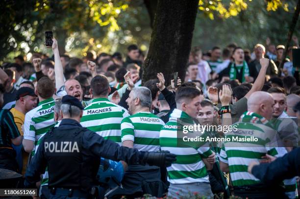 Celtic supporters shout slogans as they gather near Piazza del Popolo ahead of the Europa League match between S.S. Lazio against Celtic F.C. On...