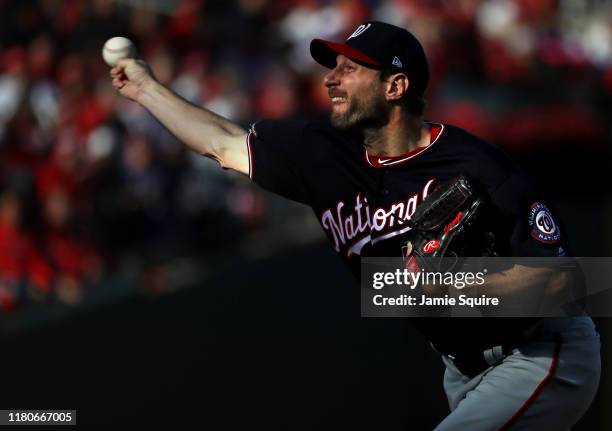 Max Scherzer of the Washington Nationals delivers a pitch during the fourth inning of game two of the National League Championship Series against the...