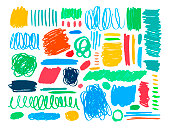 Colorful dry brush strokes hand drawn set. Grunge smears collection with curled lines, stripes and circles.