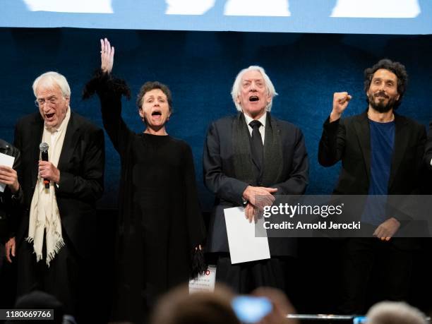 Bertrand Tavernier, Frances McDormand, Donald Sutherland and Vincent Elbaz attends the Opening Ceremony of the 11th Film Festival Lumiere on October...