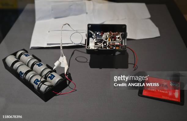 Created replica of IED components recovered in Afghanistan in 2005 are on display at the "Revealed: The Hunt for Bin Laden" exhibition at the...