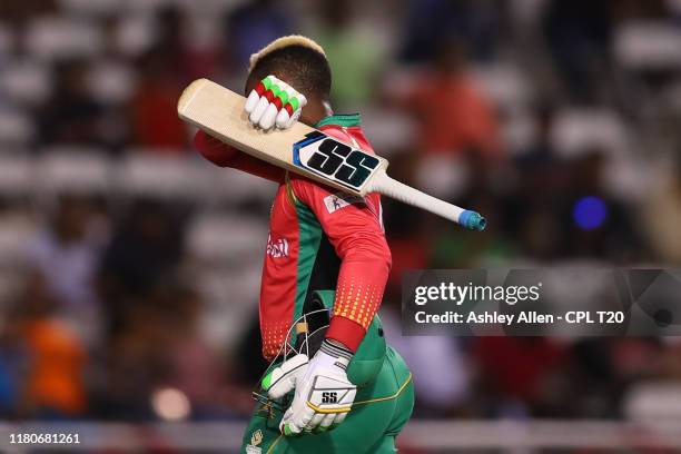 In this handout image provided by CPL T20, Shimron Hetmyer of Guyana Amazon Warriors is dismissed during the Hero Caribbean Premier League Final...