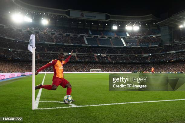 Jean Michael Seri of Galatasaray takes a corner kick during the UEFA Champions League group A match between Real Madrid and Galatasaray at Bernabeu...