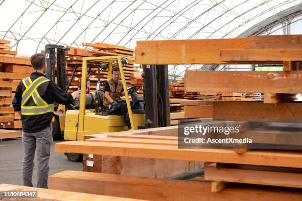 forklift moving timber beams - logging mill stock pictures, royalty-free photos & images