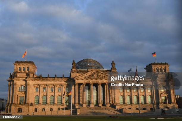 View of the Reichstag building, the seat of the German Parliament as German Chancellor Angela Merkel meets NATO General Secretary Jens Stoltenberg....