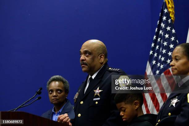 Chicago Police Department Superintendent Eddie Johnson announces his retirement during a news conference with Mayor Lori Lightfoot and members of his...