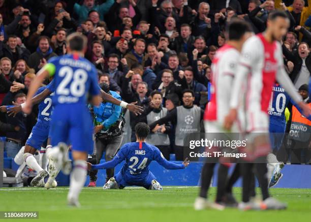 Reece James of FC Chelsea celebrates after scoring during the UEFA Champions League group H match between Chelsea FC and AFC Ajax at Stamford Bridge...