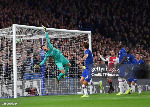 Kepa Arrizabalaga of FC Chelsea controls the ball during the UEFA Champions League group H match between Chelsea FC and AFC Ajax at Stamford Bridge...