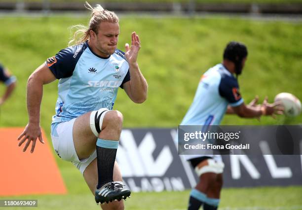 Matt Matich of Northland warms up during the round 10 Mitre 10 Cup match between Northland and Otago at Semenoff Stadium on October 13, 2019 in...