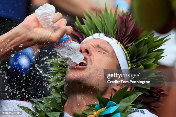 Jan Frodeno of Germany celebrates after winning the Ironman World Championships on October 12, 2019 in Kailua Kona, Hawaii.