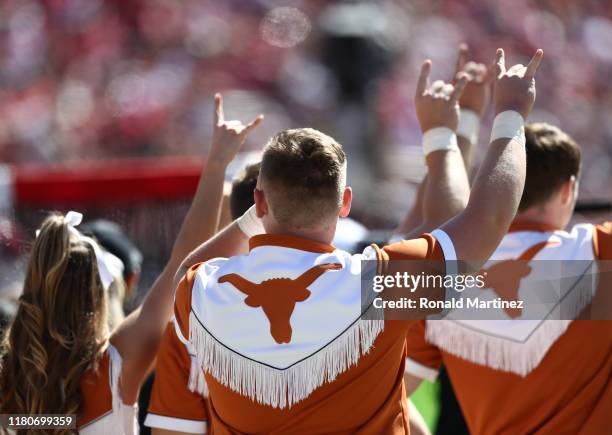 Cheerleaders for the Texas Longhorns during the 2019 AT&T Red River Showdown at Cotton Bowl on October 12, 2019 in Dallas, Texas.