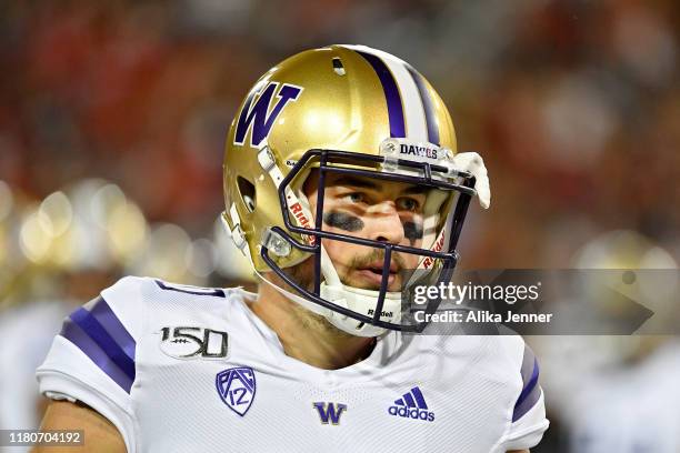 Jacob Eason of the Washington Huskies warms up before the game against the Arizona Wildcats at Arizona Stadium on October 12, 2019 in Tucson, Arizona.