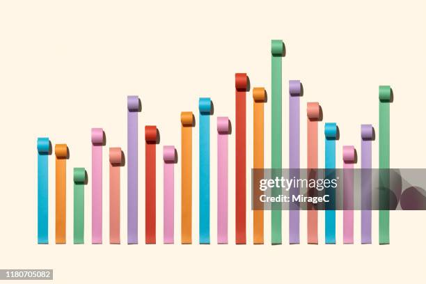 uneven chaos bar chart made of paper rolls - financial figures stock pictures, royalty-free photos & images