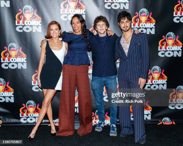 Actors Zoey Deutch, Rosario Dawson, Jesse Eisenberg and Avan Jogia attend "Zombieland 2" Panel and Surprise Screening at Los Angeles Convention...