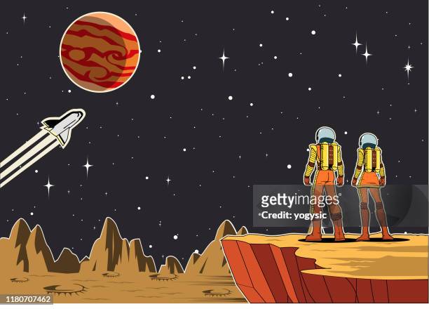 vector retro couple astronaut on a planet illustration - planet jupiter stock illustrations