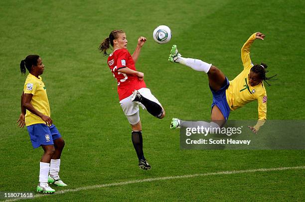 Ester of Brazil attempts a Bicycle kick against Madeline Giske of Norway during the FIFA Women's World Cup 2011 Group D match between Brazil and...