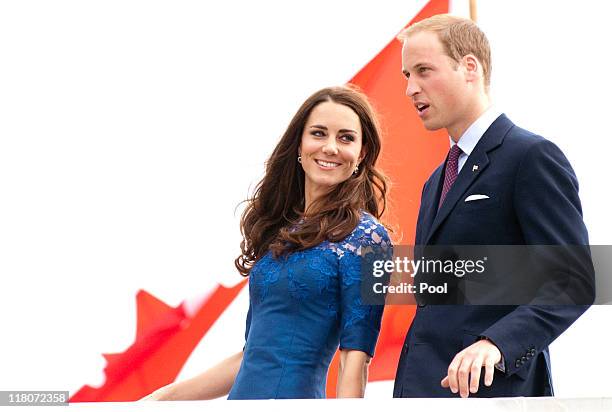 Prince William, Duke of Cambridge and Catherine, Duchess of Cambridge disembark HMCS Montreal in Champlain Harbour on July 3, 2011 in Quebec, Canada....