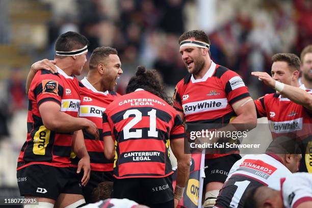 Luke Whitelock of Canterbury and his team mates celebrate their win in the round 10 Mitre 10 Cup match between Canterbury and North Harbour at...
