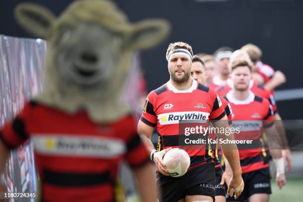 Captain Luke Whitelock of Canterbury leads his team onto the field prior to the round 10 Mitre 10 Cup match between Canterbury and North Harbour at...